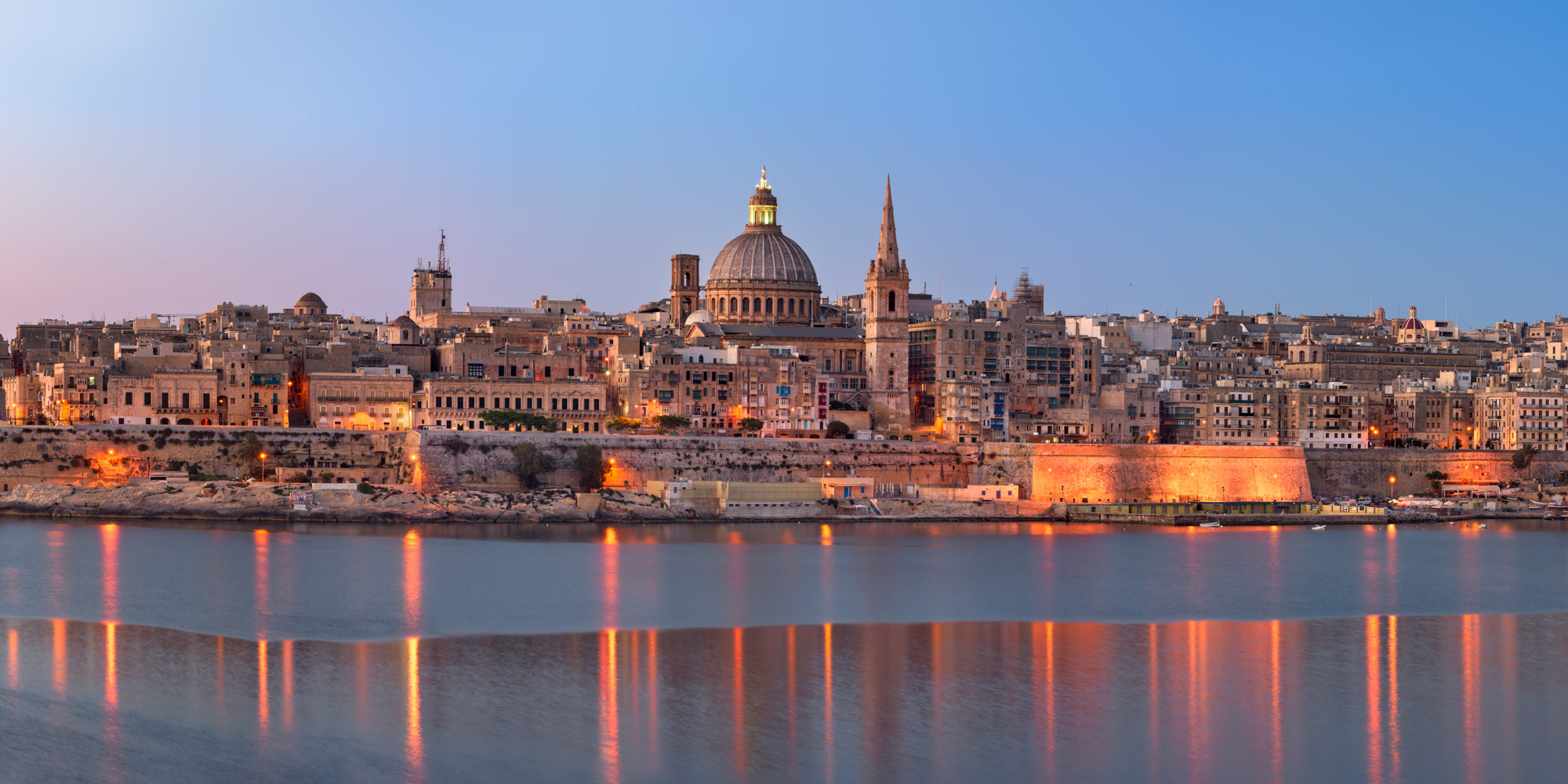 Valletta Malta Skyline At Blue Hour With Harbor Reflections Stock Valletta Malta Skyline At Blue Hour With Harbor Reflections Stock